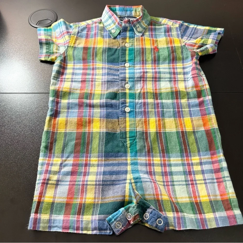 POLO Ralph Lauren Colorful Plaid Kids Button-Down Romper. Size 18 Months.